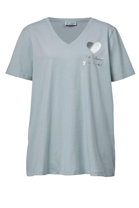 T-shirt à manches courtes, col V et imprimé cœur argenté