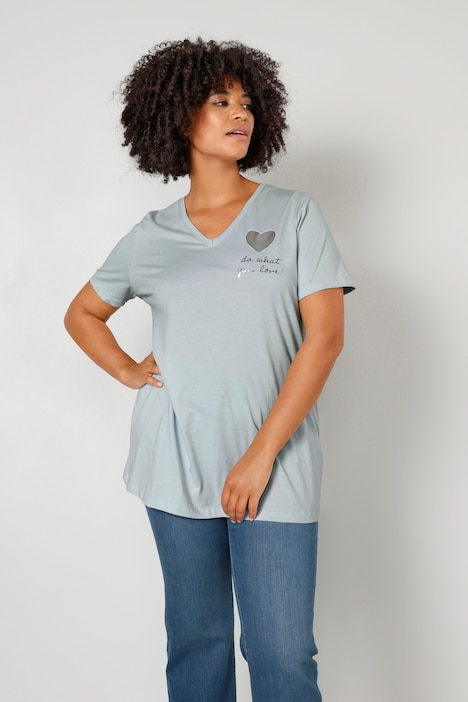 T-shirt à manches courtes, col V et imprimé cœur argenté