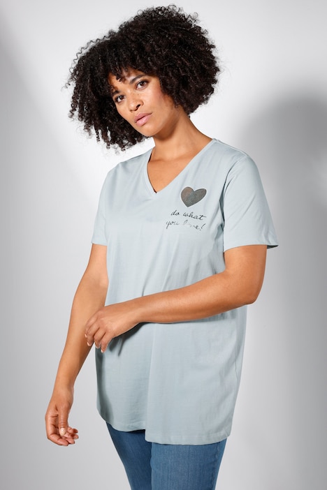 T-shirt à manches courtes, col V et imprimé cœur argenté