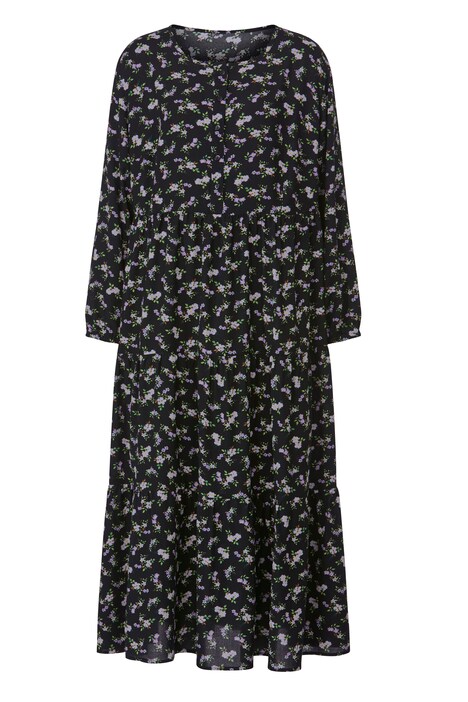 Maxikleid, A-Line, Blütenmuster, Rundhals, Langarm, Volants