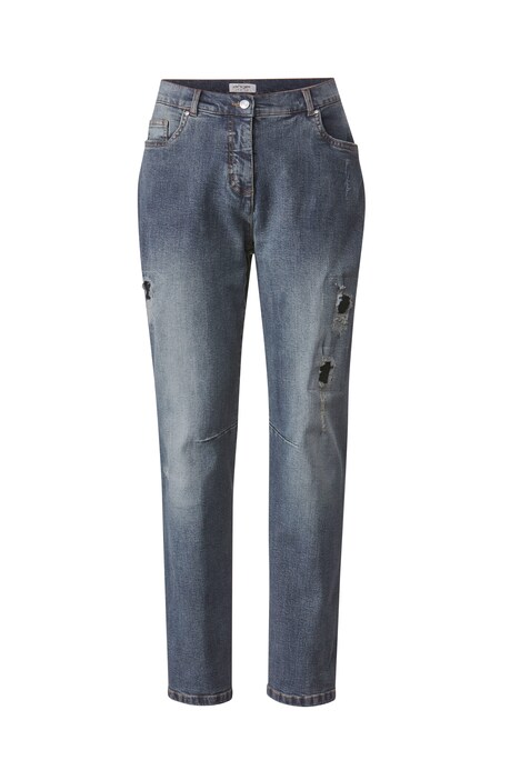 Jean boyfriend avec effets destroy, coupe 5 poches à taille élastique