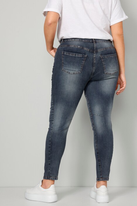 Jean boyfriend avec effets destroy, coupe 5 poches à taille élastique