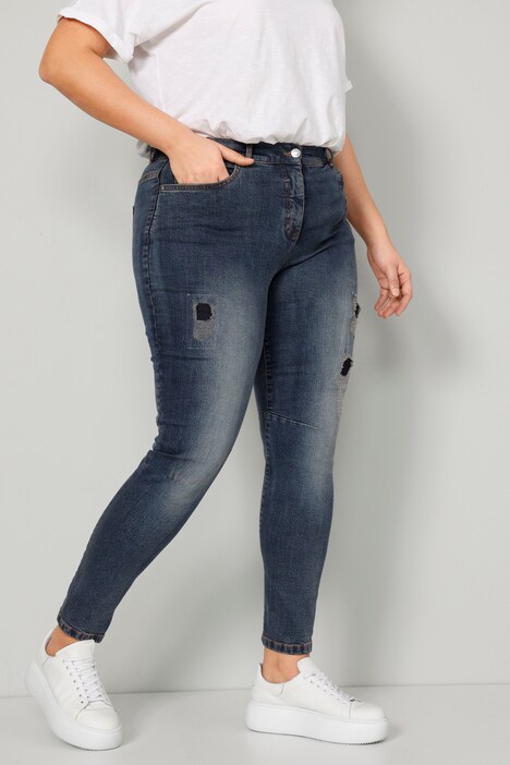 Jean boyfriend avec effets destroy, coupe 5 poches à taille élastique