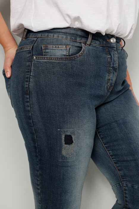Jean boyfriend avec effets destroy, coupe 5 poches à taille élastique