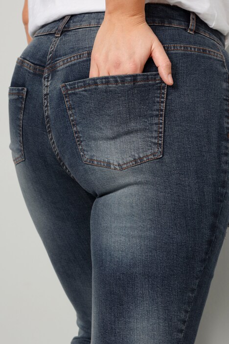 Jean boyfriend avec effets destroy, coupe 5 poches à taille élastique