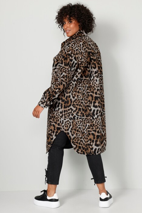 Manteau-chemisier oversized à imprimé léopard, col chemise et manches longues