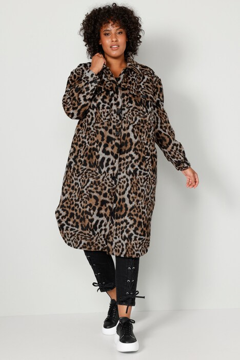 Manteau-chemisier oversized à imprimé léopard, col chemise et manches longues