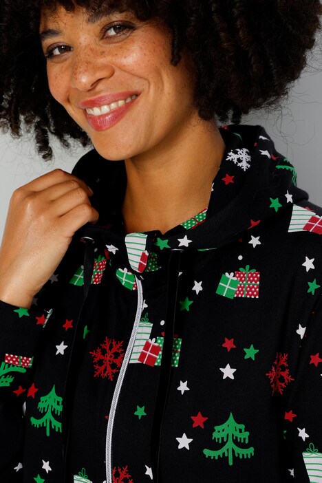 Combinaison en molleton avec motif de Noël, avec capuche, zip et manches longues
