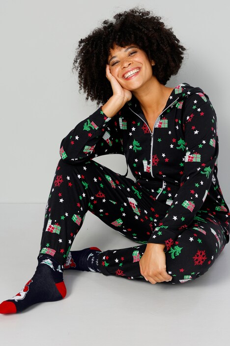Combinaison en molleton avec motif de Noël, avec capuche, zip et manches longues