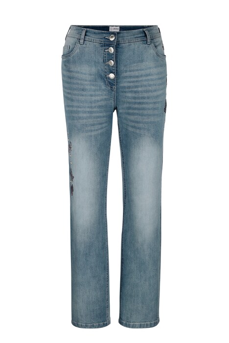 Jeans, rechte pasvorm, borduursel, zichtbare knopen