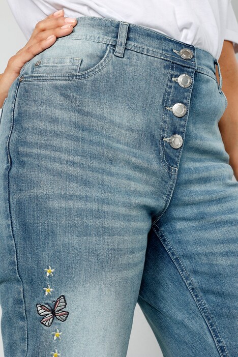 Jeans, rechte pasvorm, borduursel, zichtbare knopen