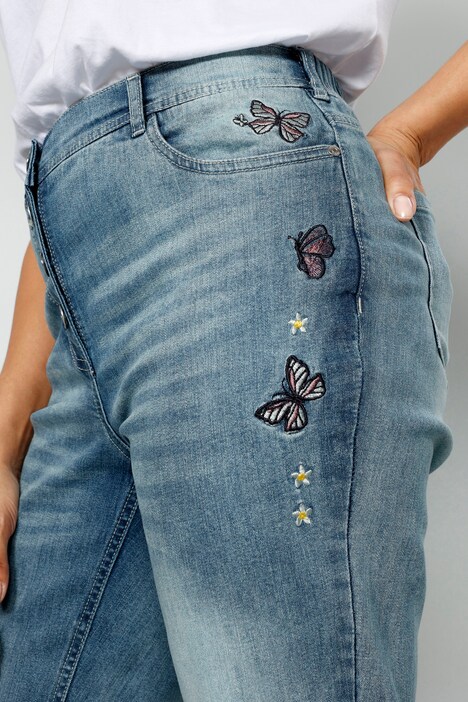 Jeans, rechte pasvorm, borduursel, zichtbare knopen