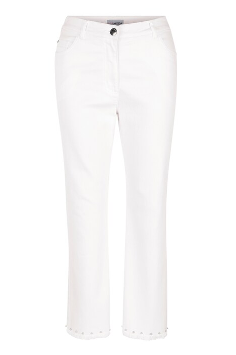 Jean 7/8 coupe Slim Fit à 5 poches, ourlet effiloché avec perles fantaisie