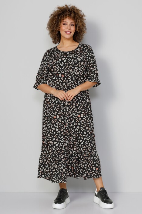 Maxikleid, Animalprint, Rundhals, 3/4-Ärmel mit Rüsche