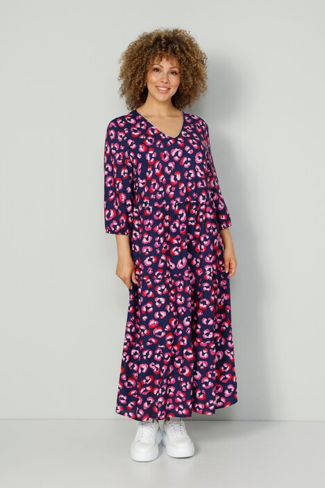 Maxikleid, Leo-Muster, V-Ausschnitt, 3/4-Ärmel