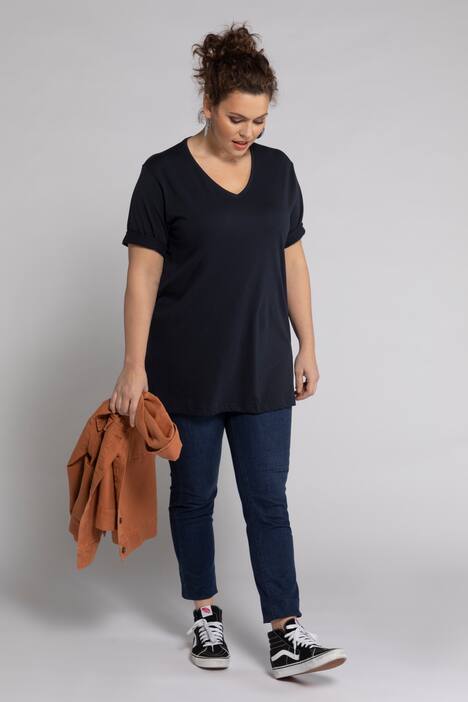 basic topp, v-ringad, relaxed fit, halv ärm, bomull