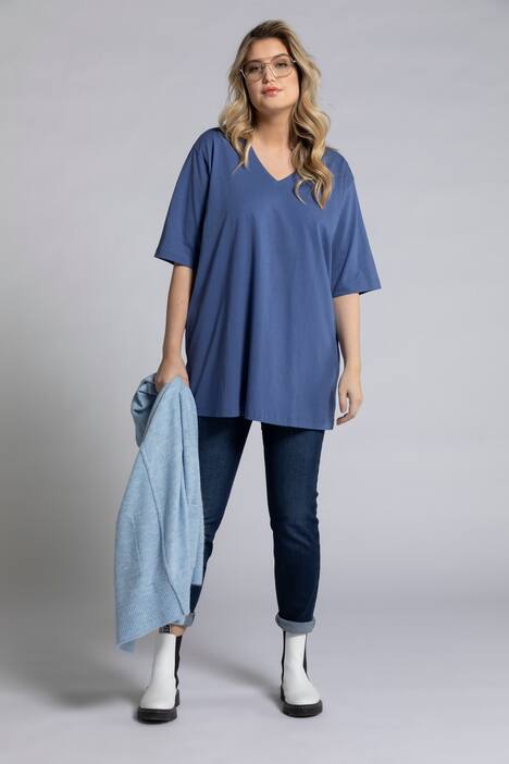 basic topp, v-ringad, relaxed fit, halv ärm, bomull