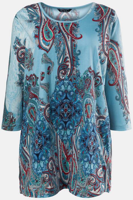 Blue Paisley Border Print Cotton 3/4 Sleeve Knit Tunic