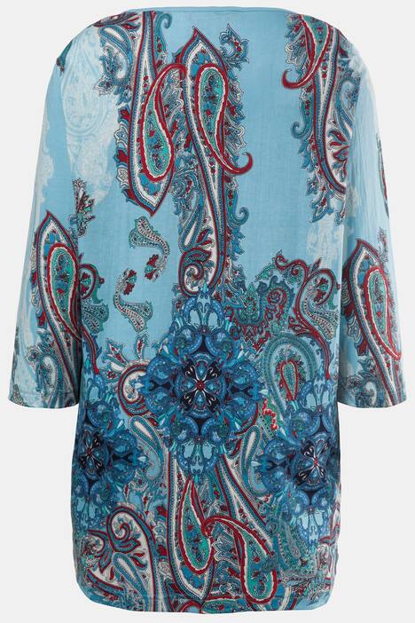 Blue Paisley Border Print Cotton 3/4 Sleeve Knit Tunic