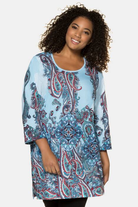 Blue Paisley Border Print Cotton 3/4 Sleeve Knit Tunic