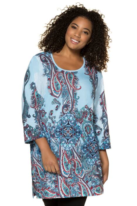 Blue Paisley Border Print Cotton 3/4 Sleeve Knit Tunic