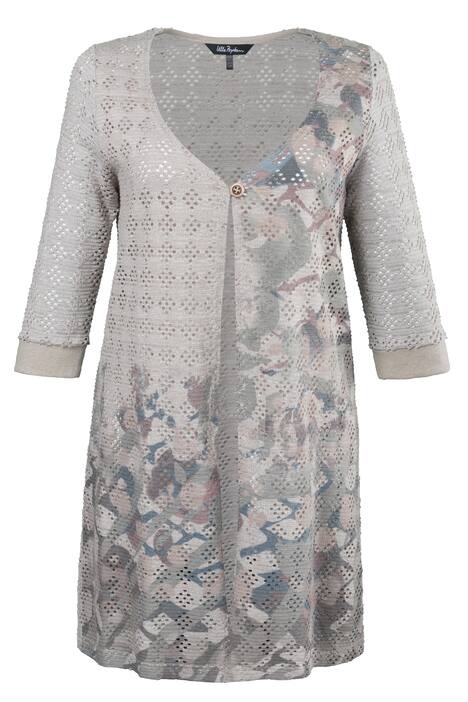 Strickjacke, Ajourmuster, Blütendruck, langes Modell