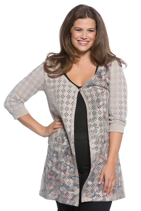 Strickjacke, Ajourmuster, Blütendruck, langes Modell