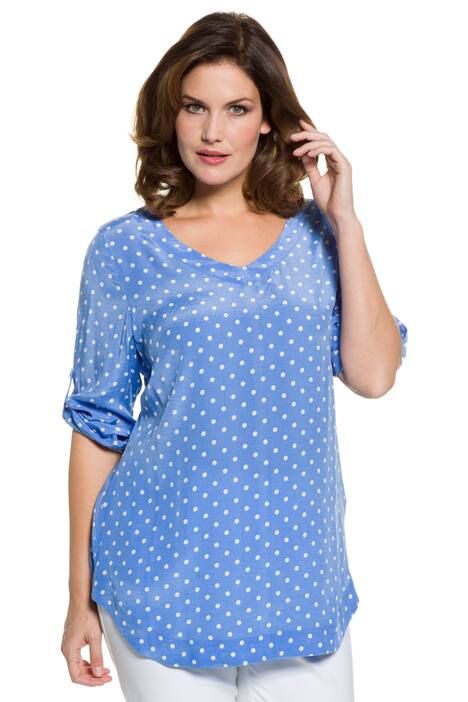 V-Neck Roll Sleeve Dot Three Quarter Sleeve Cupro Blouse