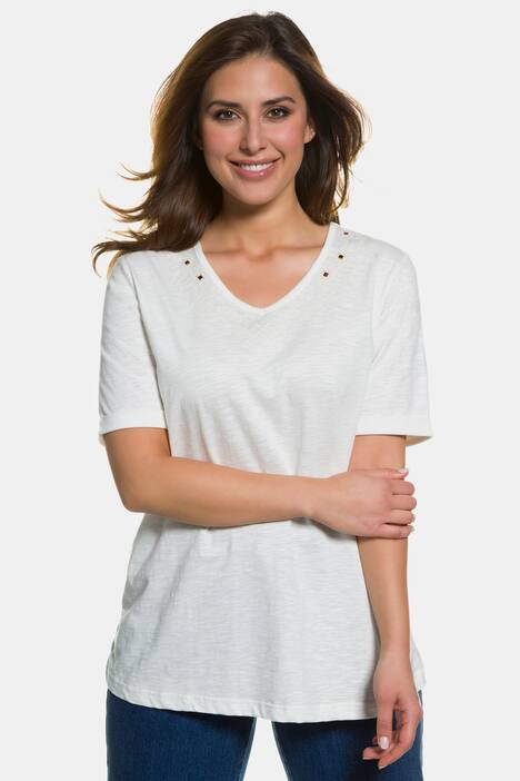 Mirror Embroidery V-Neck Short Sleeve Knit Top
