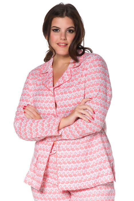 Bluse im Pyjama-Stil, FLAMINGO-Muster, uni Kragen-Einfassung, Knopfleiste, lange Ärmel