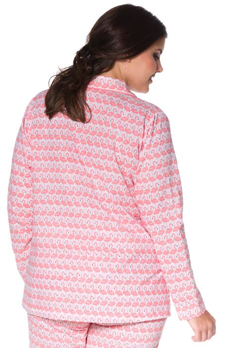 Bluse im Pyjama-Stil, FLAMINGO-Muster, uni Kragen-Einfassung, Knopfleiste, lange Ärmel