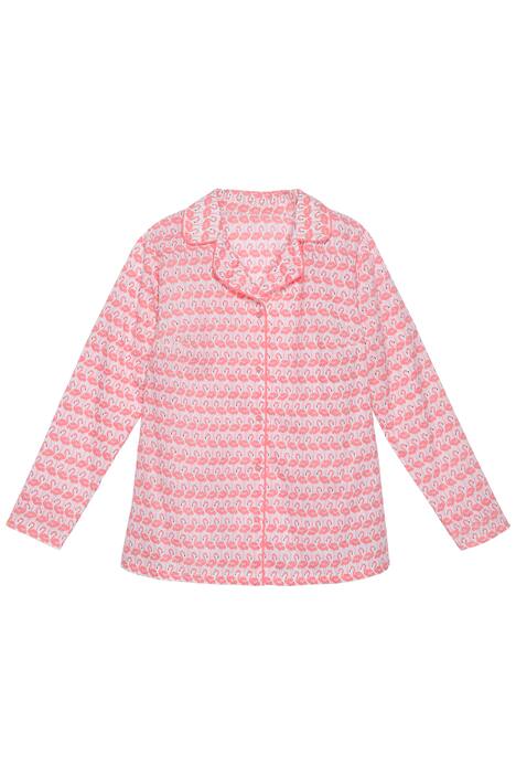Bluse im Pyjama-Stil, FLAMINGO-Muster, uni Kragen-Einfassung, Knopfleiste, lange Ärmel