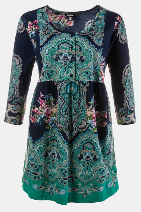 Border Print Babydoll Round Neck 3/4 Sleeve Knit Tunic