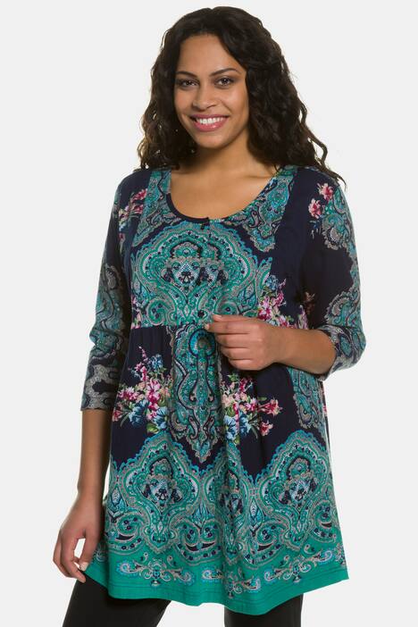 Border Print Babydoll Round Neck 3/4 Sleeve Knit Tunic