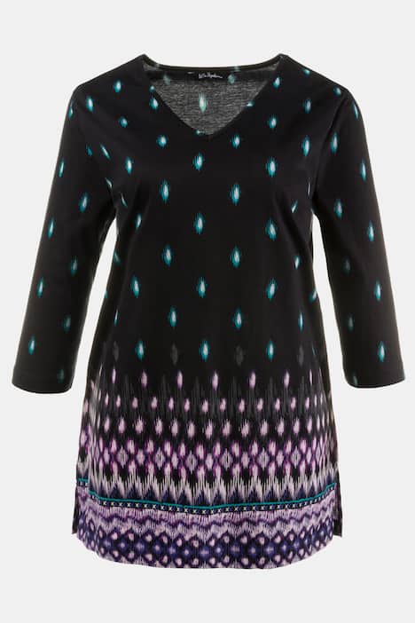 Purple Border Print Graphic V-Neck 3/4 Sleeve Cotton Knit Tunic