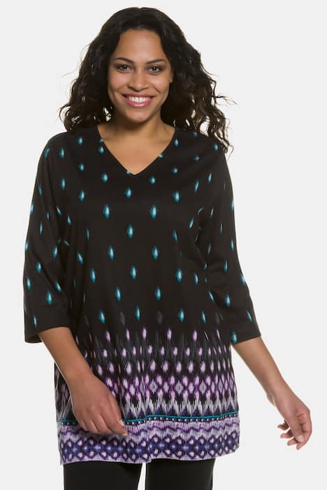 Purple Border Print Graphic V-Neck 3/4 Sleeve Cotton Knit Tunic