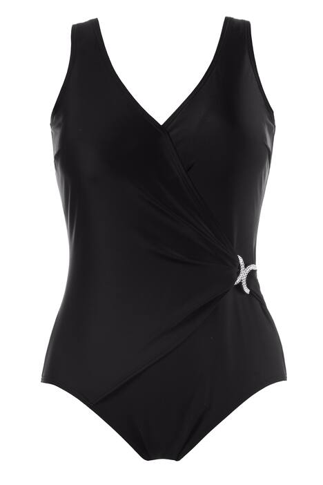 Faux Surplice Jewel Accent Square Back Swimsuit