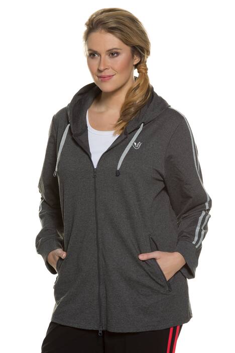 Metallic Side Piped Drawstring Hood Zip Front Knit Jacket