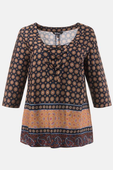 Patchwork Neutral Tone Border Print Three Quarter Sleeve Blouse