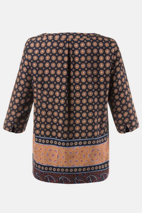 Patchwork Neutral Tone Border Print Three Quarter Sleeve Blouse