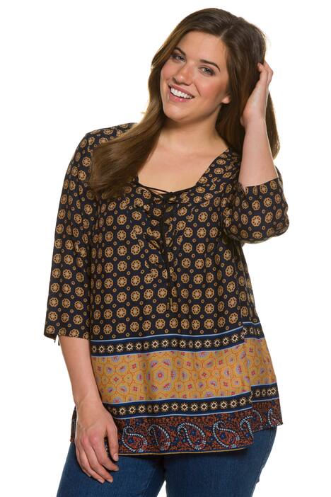 Patchwork Neutral Tone Border Print Three Quarter Sleeve Blouse