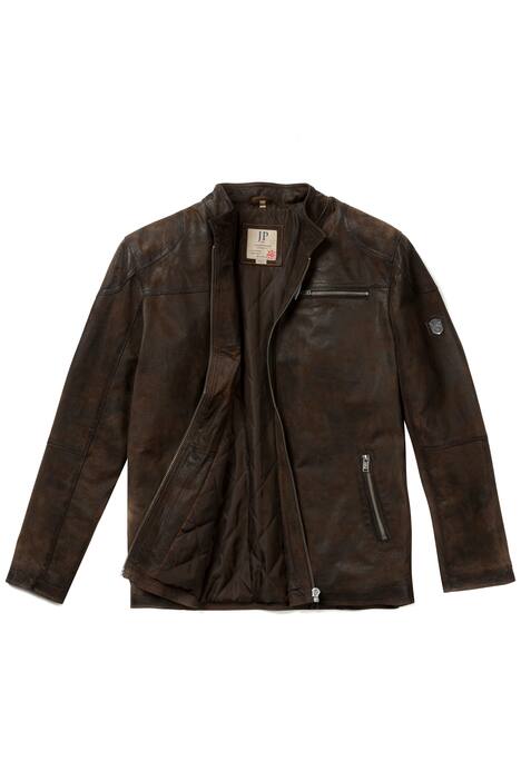 Lederjacke, echtes Leder, Biker-Jacke, Used-Effekt, Metall-Reißverschluss, Steppfutter, große Größen