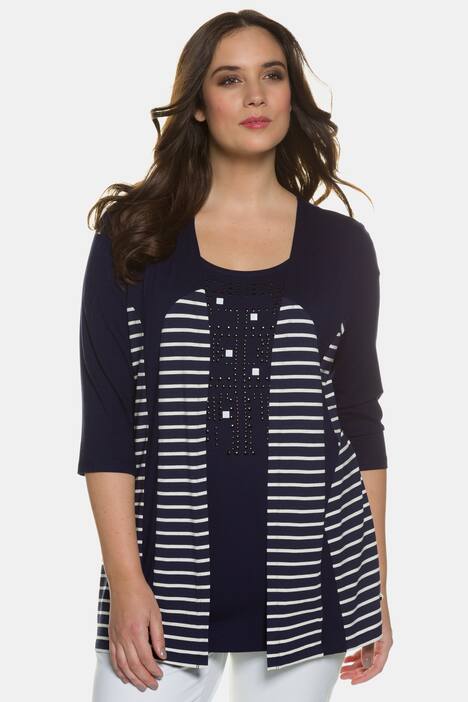 2-in-1-Shirt, Schmucksteine, Streifeneinsätze, Stretch