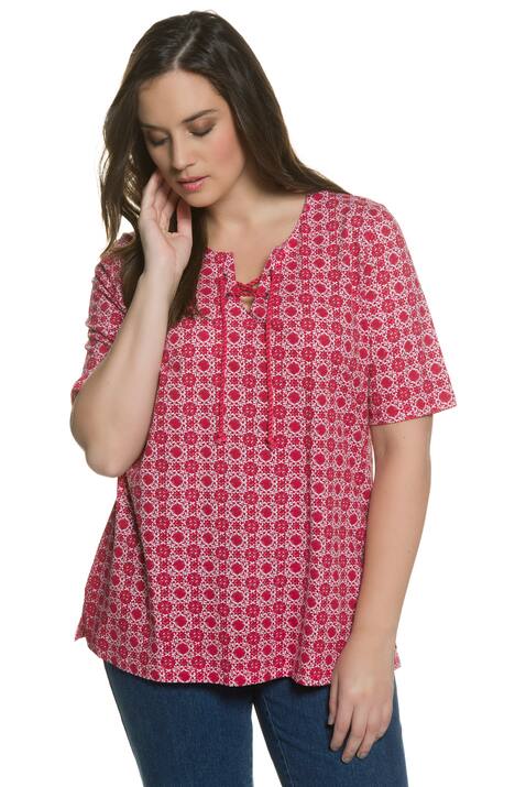 Medallion Print Tie Neck Classic Fit Cotton Tee