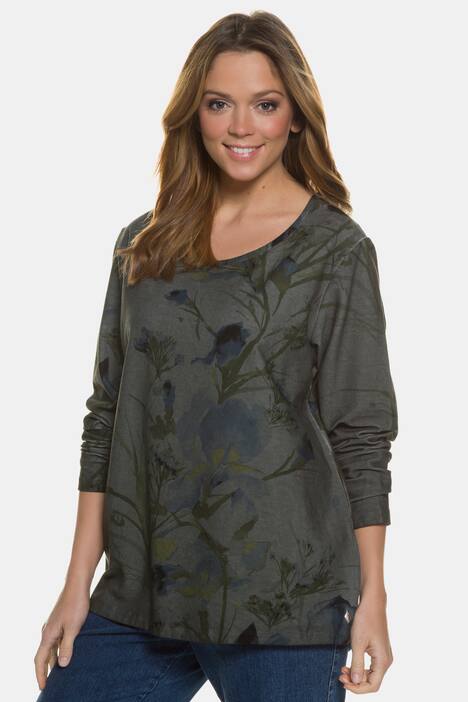 Over Dyed Floral Print Cotton Stretch Round Neck Sweatshirt