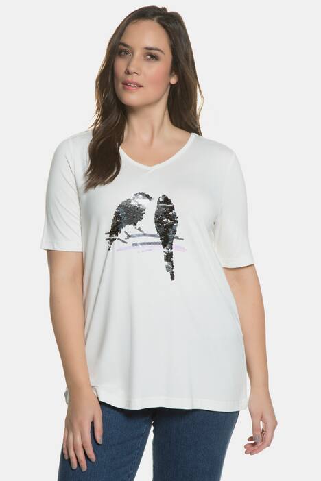 Sequin Bird Classic Fit V-Neck Short Sleeve Knit Top