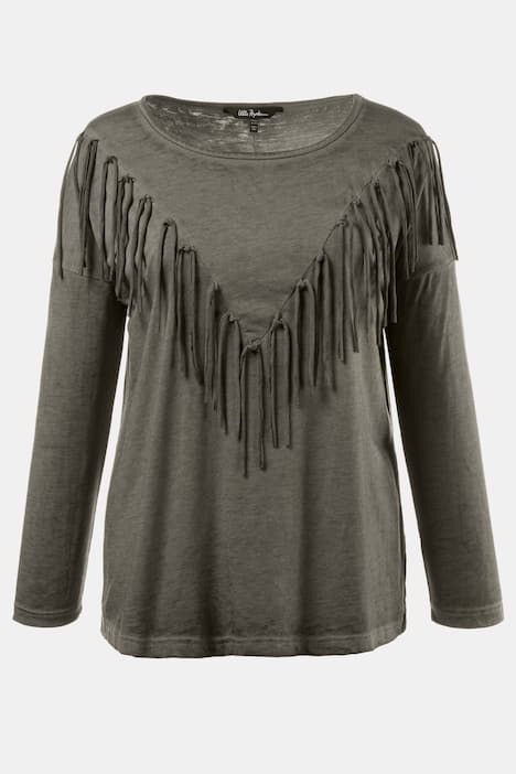 Knot Fringe Knit Round Neck Oversized Fit Top