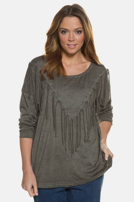 Knot Fringe Knit Round Neck Oversized Fit Top