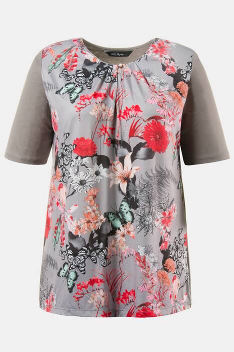 Oriental Floral Front Print Gathered Classic Fit Top