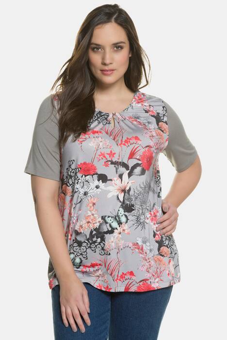Oriental Floral Front Print Gathered Classic Fit Top